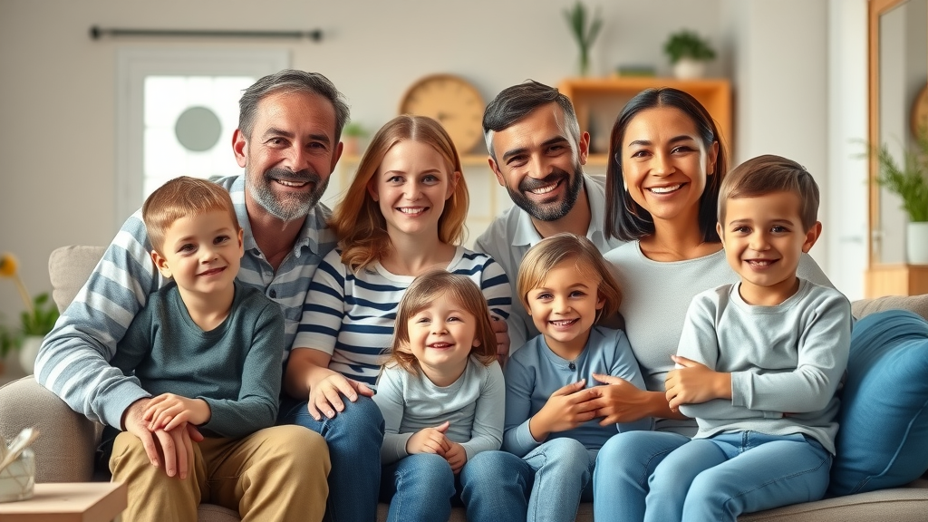Diverse family portrait showing supportive parents with children, illustrating permissive parenting vs. authoritative parenting in a modern living room