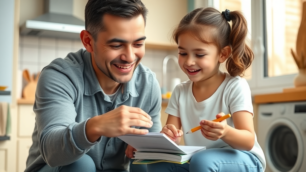 Engaged father and daughter working on homework together, showing structure and warmth typical of authoritative parenting style