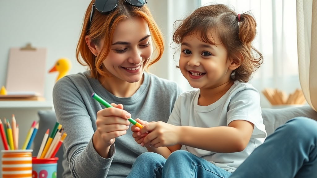 Relaxed mother allowing child creative expression with paints, reflecting warmth and limited structure of permissive parenting