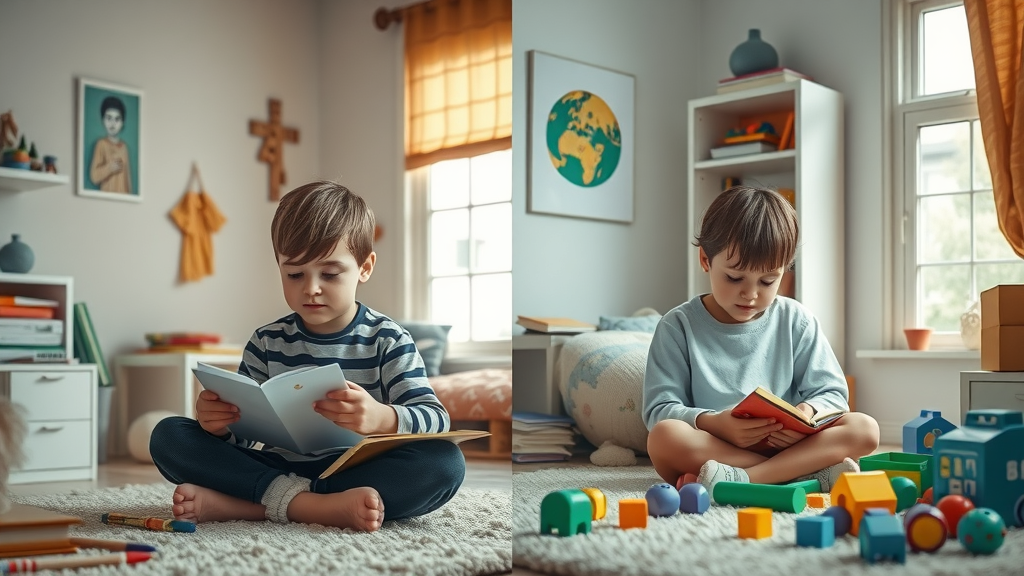 Side-by-side bedrooms show a focused child studying (authoritative parenting) and a distracted child playing (permissive parenting), vividly contrasting structure and freedom