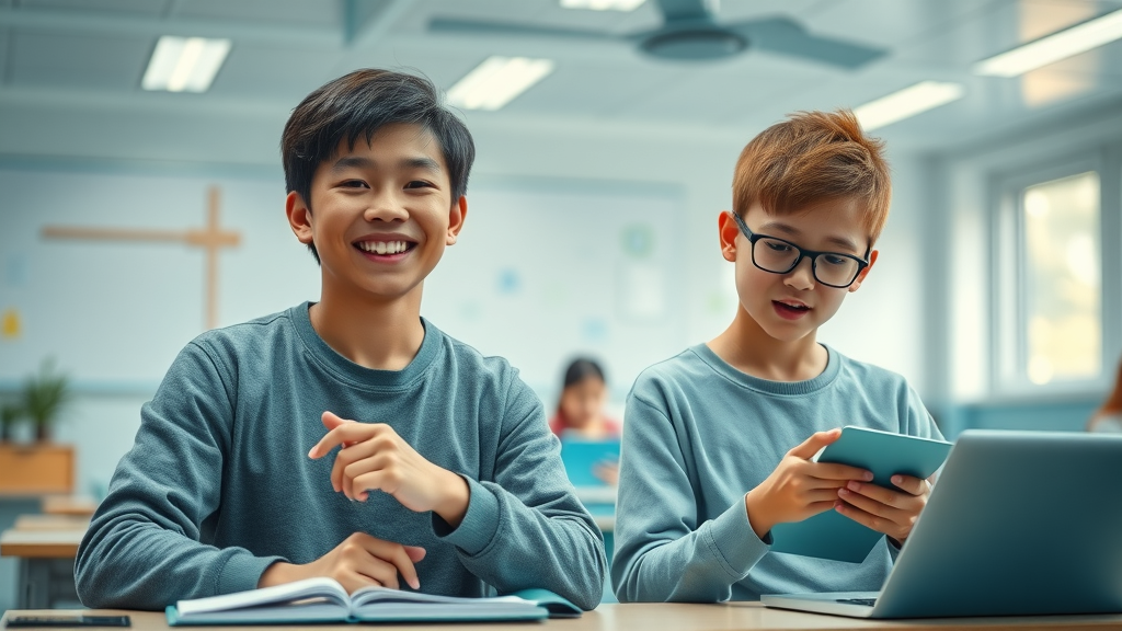 Modern classroom scene showing one confident student (authoritative parenting) and one anxious student (permissive parenting), highlighting differences in academic and emotional outcomes