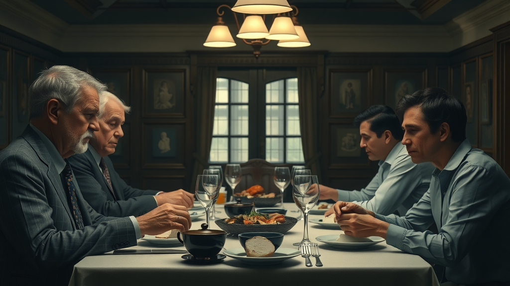 Stern authoritarian parent supervises a silent family dinner, representing strictness without warmth in parenting