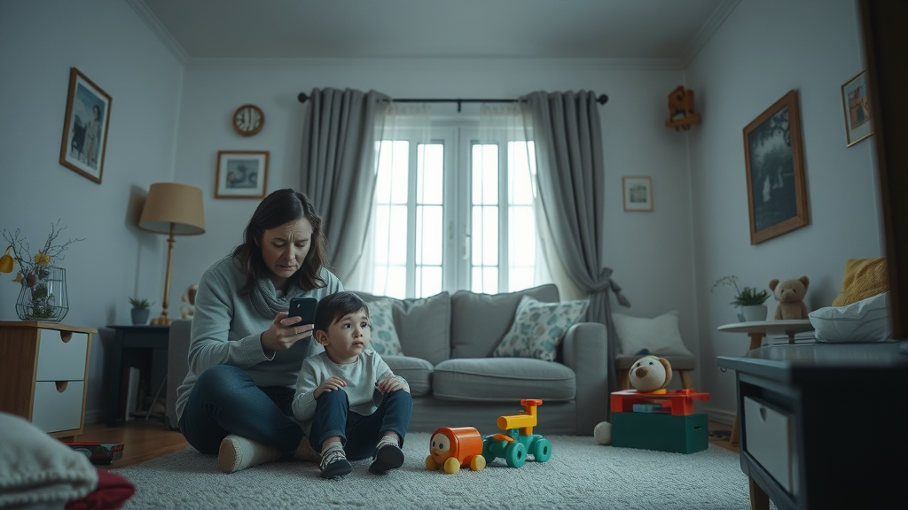 Distant parent absorbed by phone while child sits alone, representing the risks of uninvolved parenting style