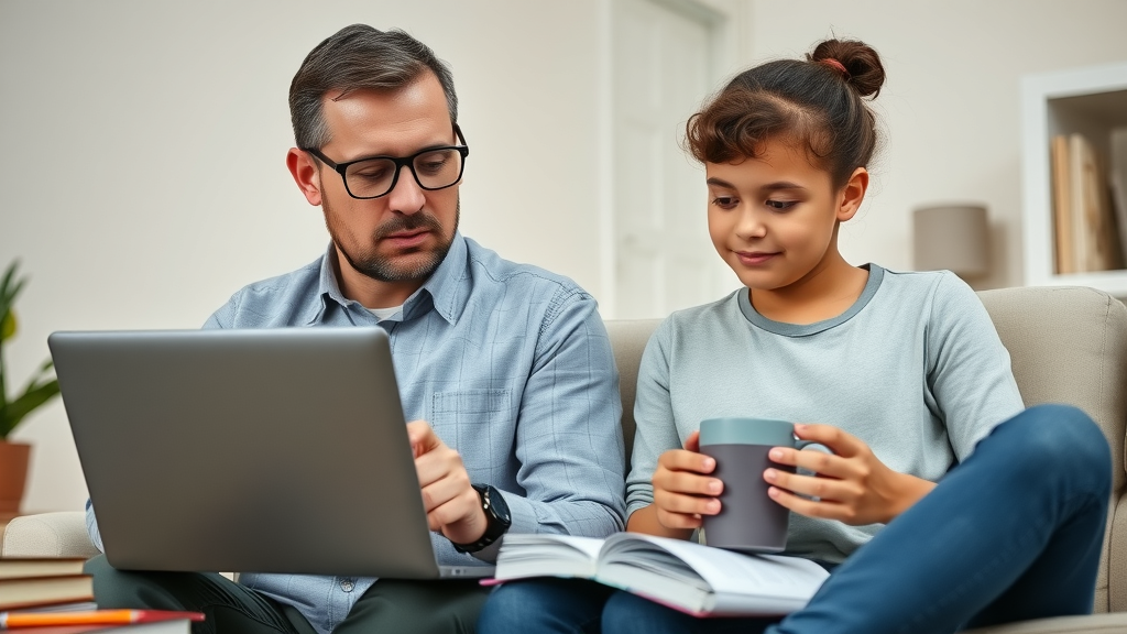 professional working parent and teen doing homework - working parent time management