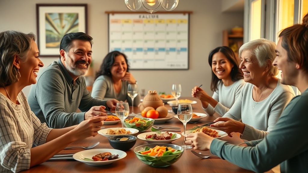 happy diverse family at dinner table - after-school time management for parents