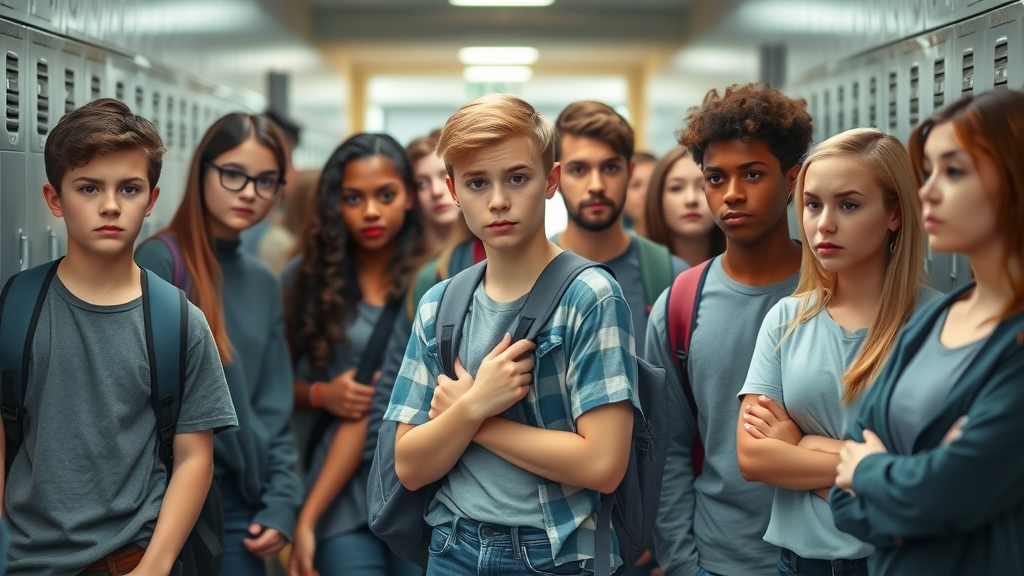 Group of angry teens and teens with anger issues in a high school hallway, diverse and realistic expressions