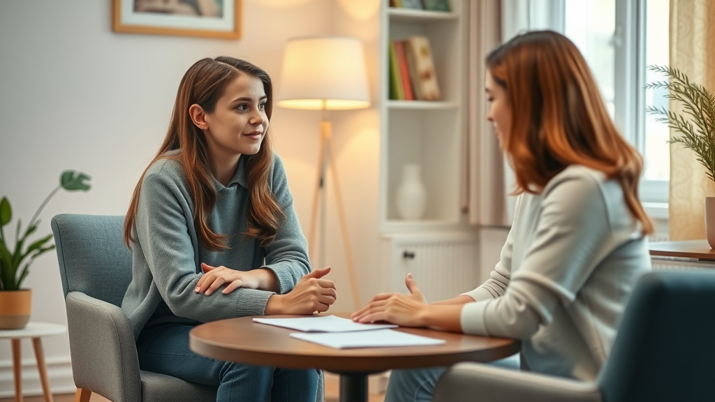 Supportive conversation with counselor and angry teen girl in comfortable therapy office