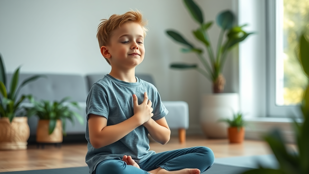 Teen boy practicing deep breathing to manage anger and stress at home