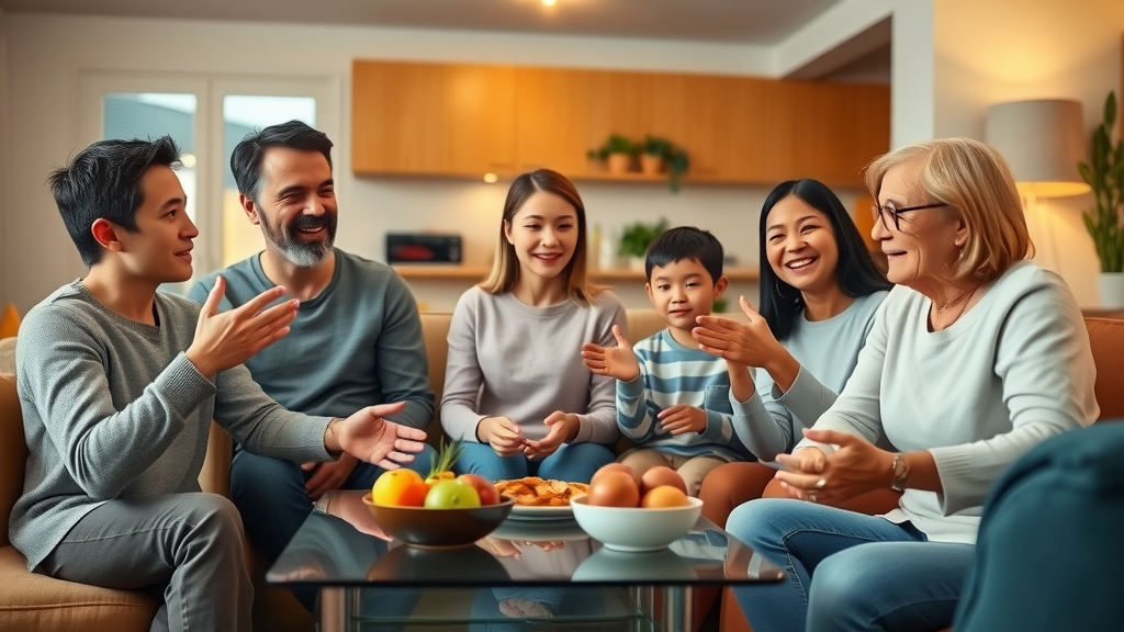 Family discussing coping with anger and discipline in a supportive living room