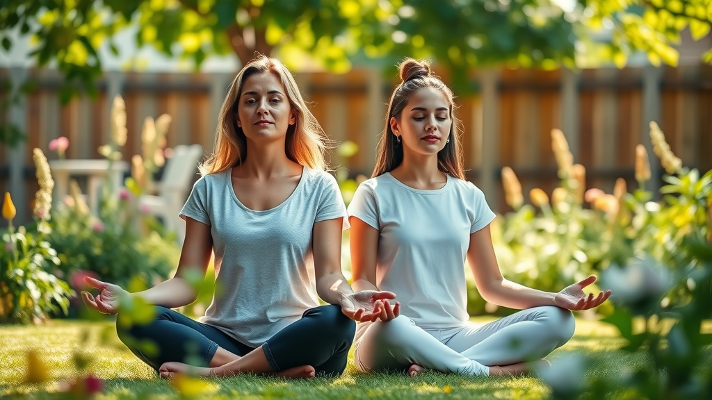 Mother and teen daughter meditating together for relaxation and coping with teen anger