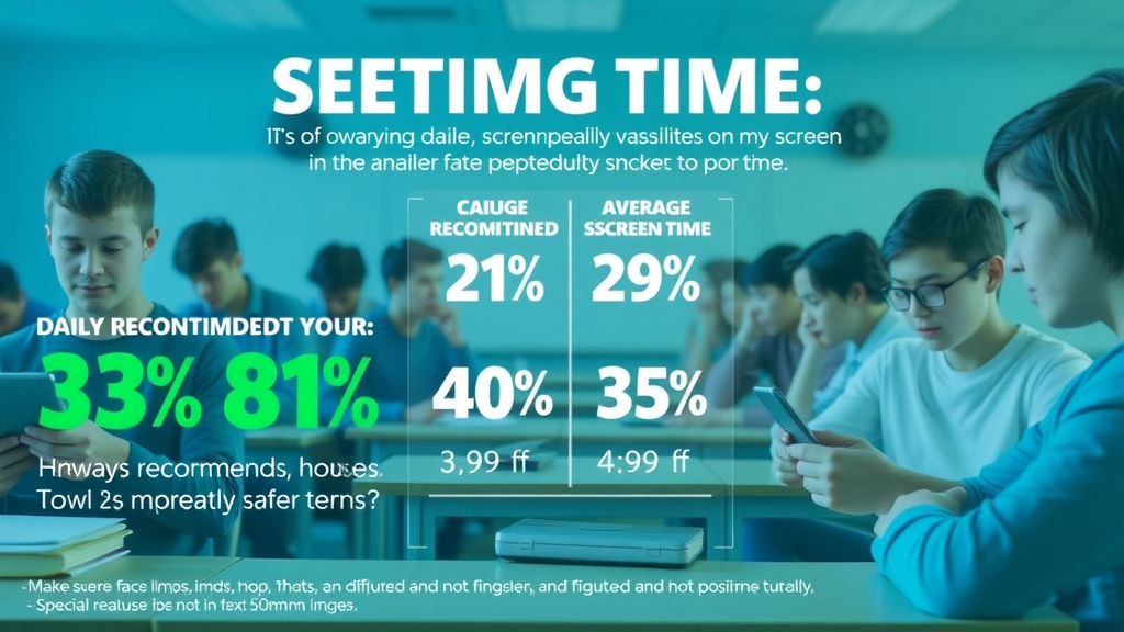 Screen time statistics for teens: managing teen screen time, recommended versus average reported time, classroom scene with teens using digital devices