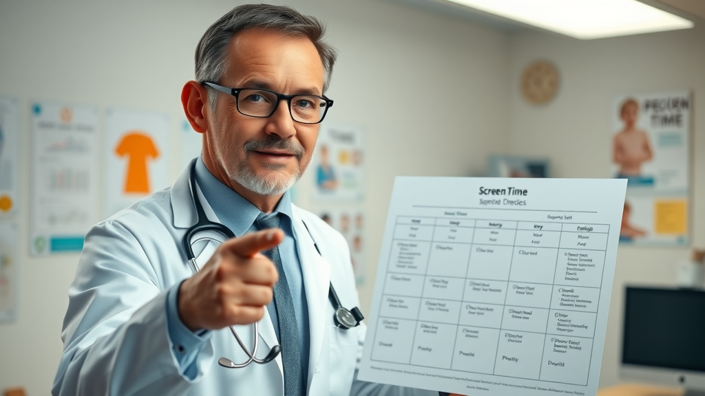 Pediatrician explaining screen time guidelines for teens, digital chart in office, managing teen screen time