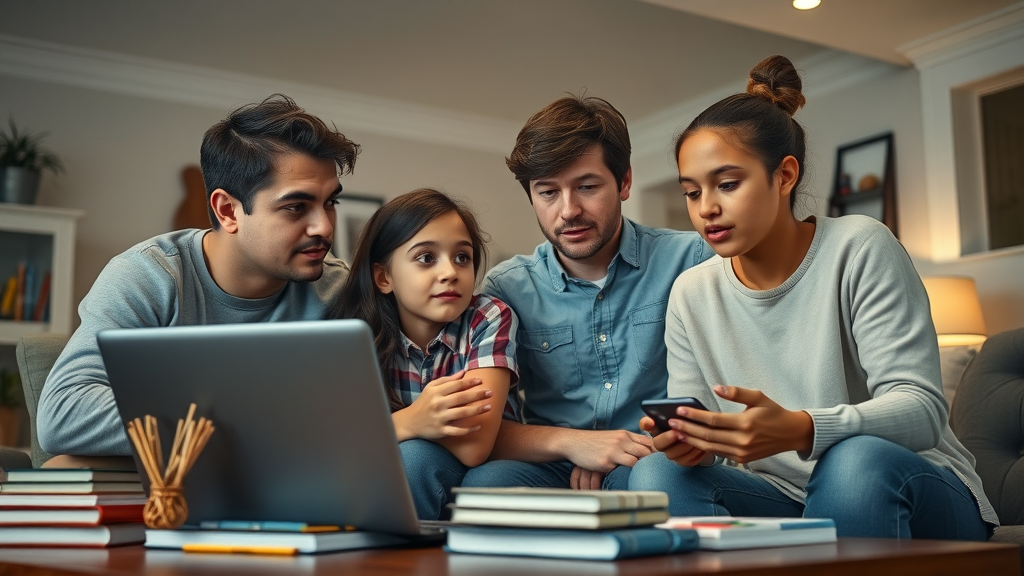 Family group including teens and parents discussing managing teen screen time over a laptop in living room