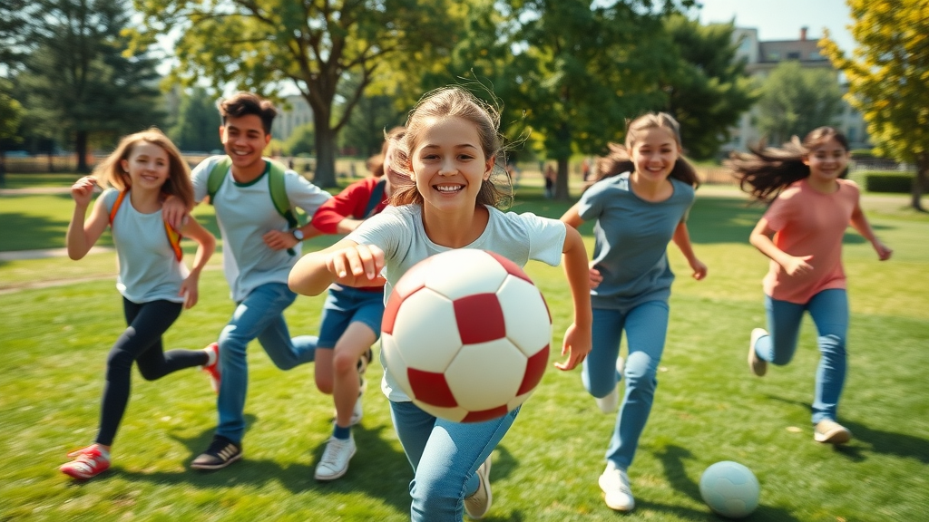 Teenagers engaging in outdoor sports, managing teen screen time, community park, motion blur, vibrant colors