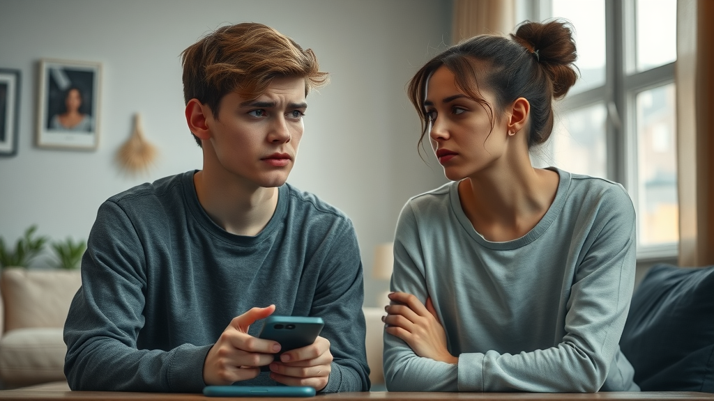negative communication patterns and parent-teen distance, portrayed as a tense moment with modern technology in view