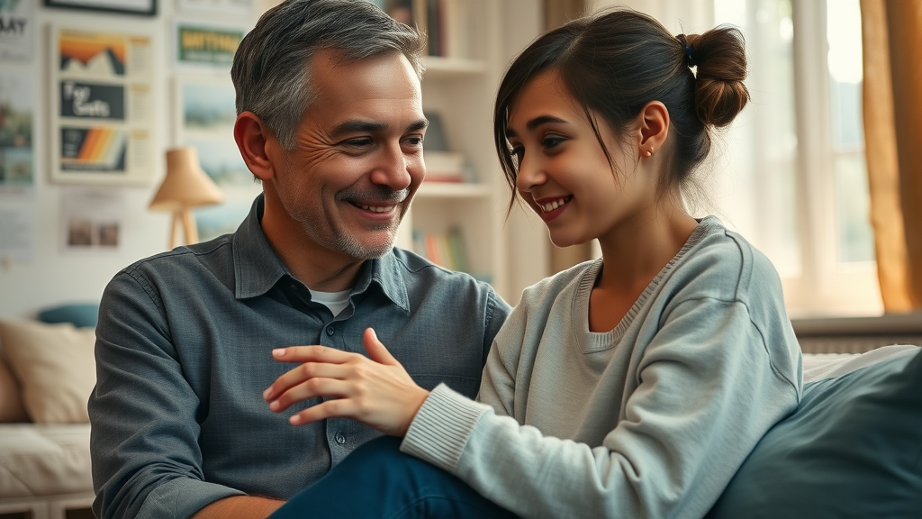 empathetic parent listening to a teenager, showing effective communication for mental health in a supportive bedroom environment