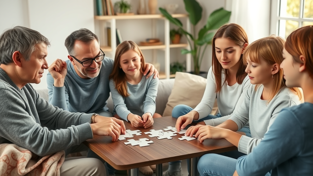 calm family conflict resolution with multiple family members engaged in positive interaction, solving a puzzle together