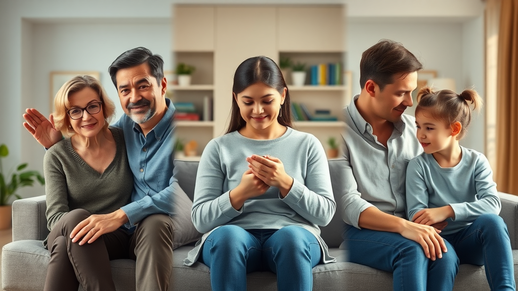 authoritarian, permissive, and authoritative parenting styles shown through three parent-child pairs in split home scenes