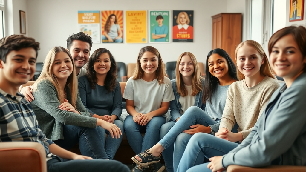 Community support for teens in a welcoming community center with diverse, cheerful teens sitting together in a cozy setting, embodying peer wellness and inclusivity
