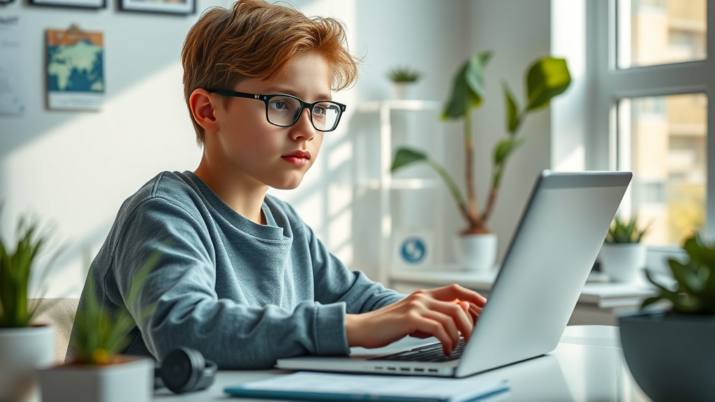 Teen browsing online mental health resources, using digital health resources for community support on a laptop in a bright, calming workspace