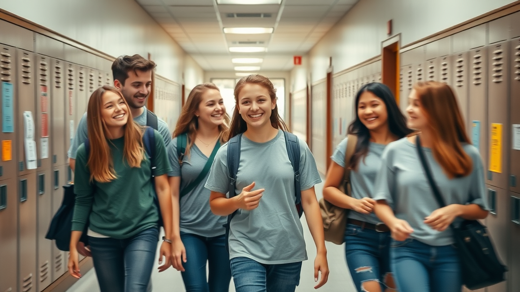 School community support for teens with students and staff collaborating in a warm, inviting hallway scene