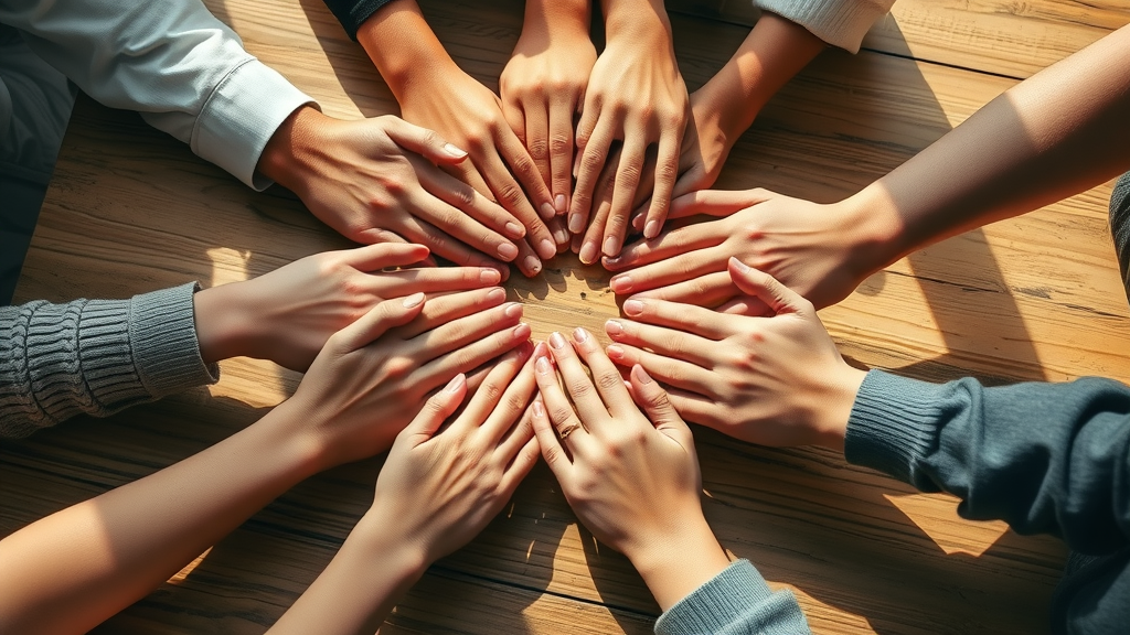 Community support for teens represented by caring hands of teens and adults joined in unity on a sunlit wooden table