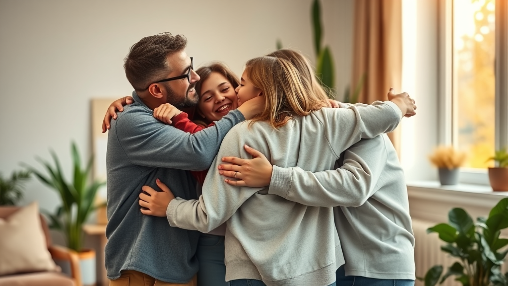 Teen and family hugging in support, representing the importance of family and community collaboration in adolescent mental health