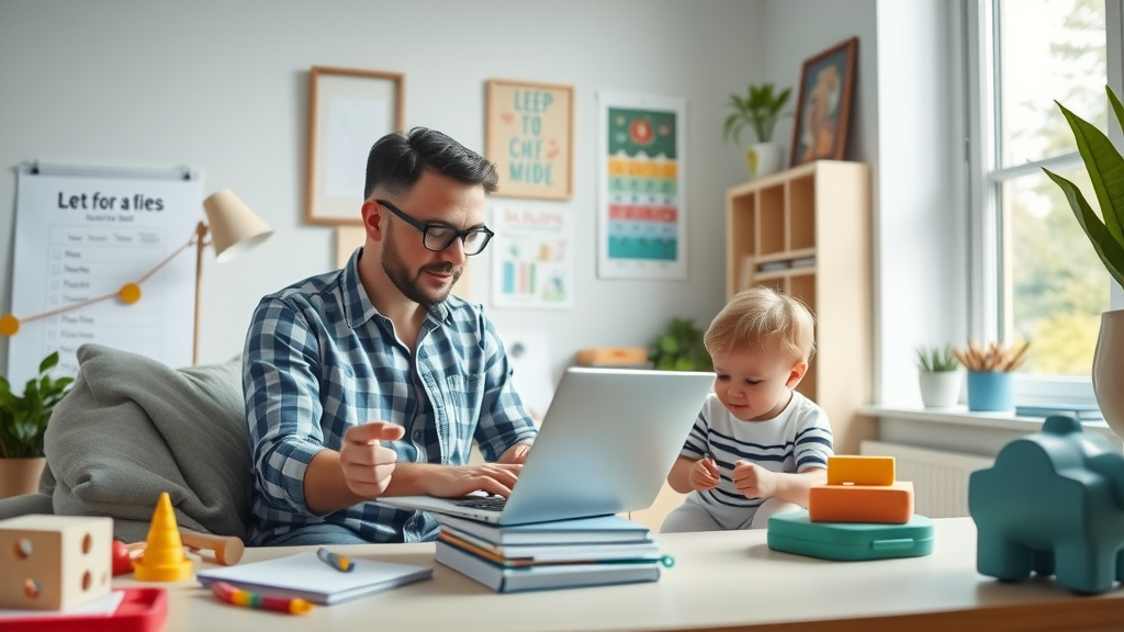 Parent researching educational resources for parents on a laptop with a child playing nearby, organized workspace with educational charts and inviting decor.