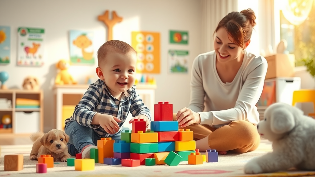 Cheerful child playing with colorful building blocks guided by a parent using educational resources for parents in a bright playroom with educational posters and learning rugs.