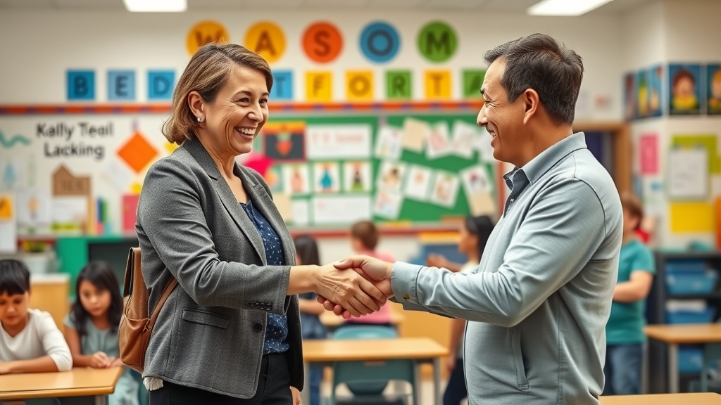 Friendly teacher and parent shaking hands in a classroom with educational posters and children