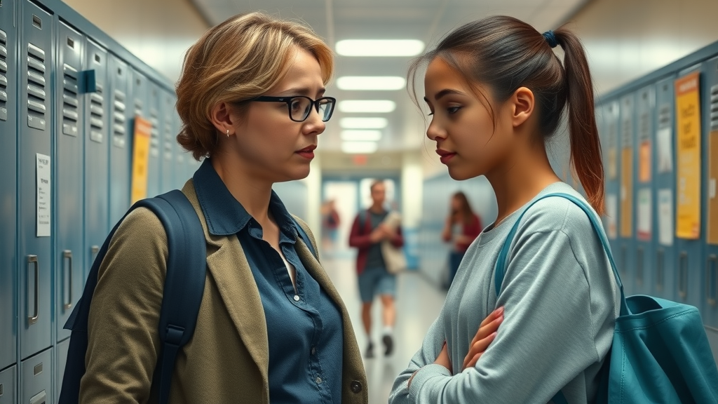 Concerned teacher supporting withdrawn teenage girl, early intervention, photorealistic school hallway scene