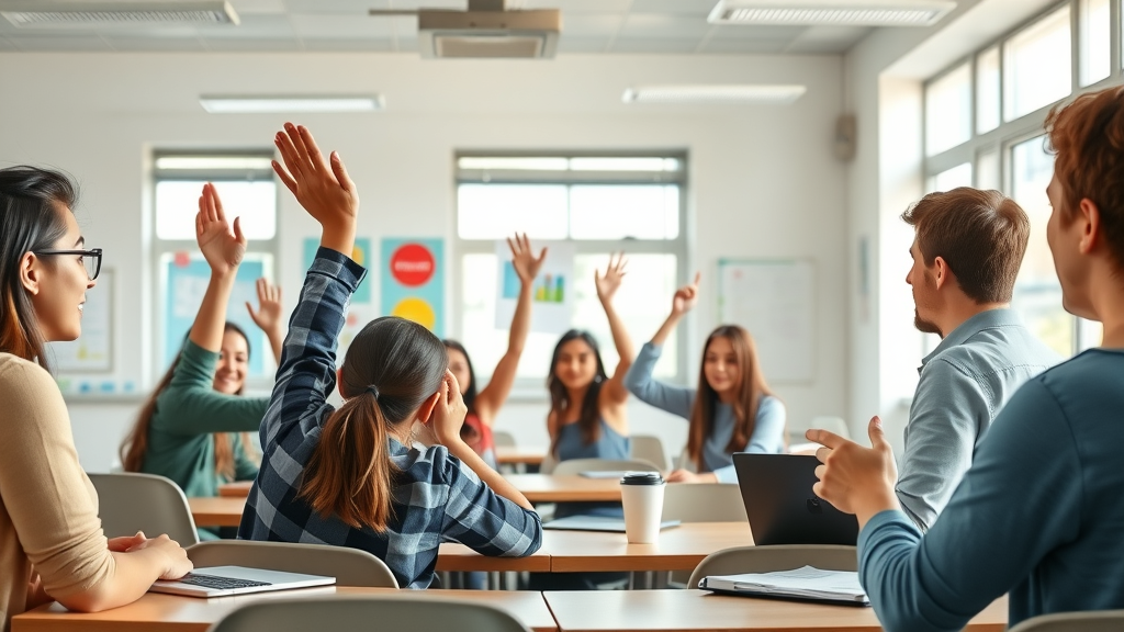 Engaged classroom, students and teacher discussing early intervention for teens, modern learning environment, photorealistic wide-angle image