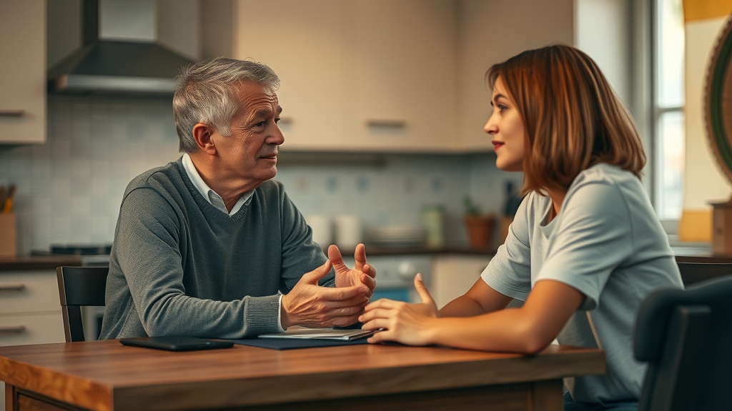 Parent offering calm addiction recovery support to their teen during an empathetic, open conversation at home