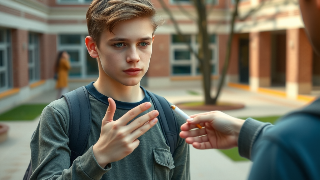 realistic teenager refusing offered cigarette from peer, youth substance prevention, school courtyard, teen substance use and mental health