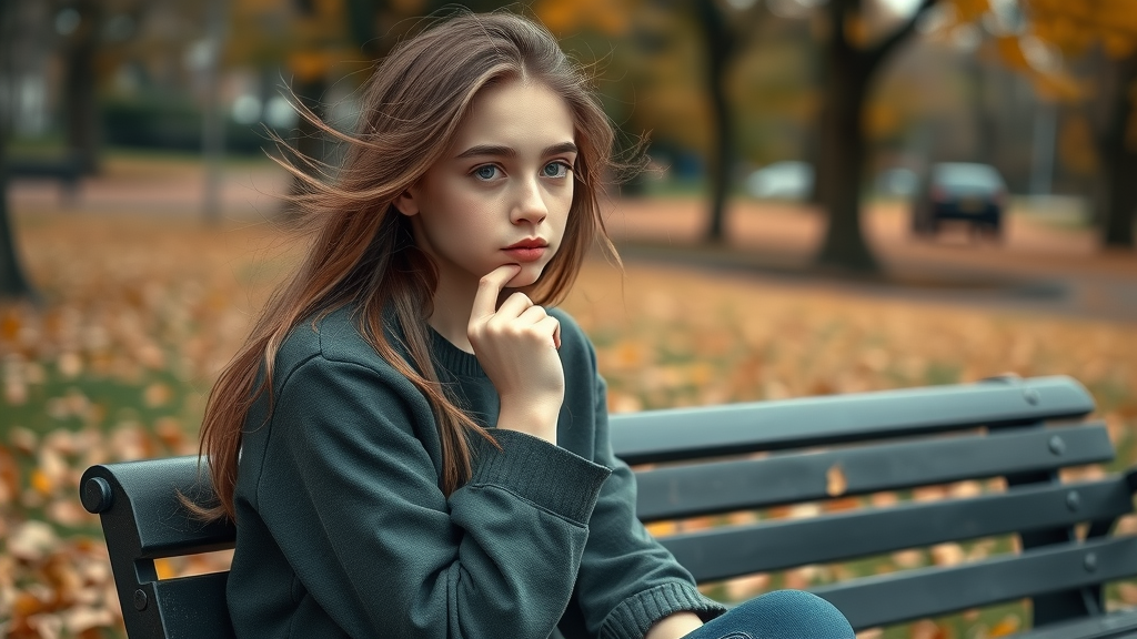 thoughtful teenage girl, pensive expression, park bench, mental health reflection, health disorders in teens, autumn