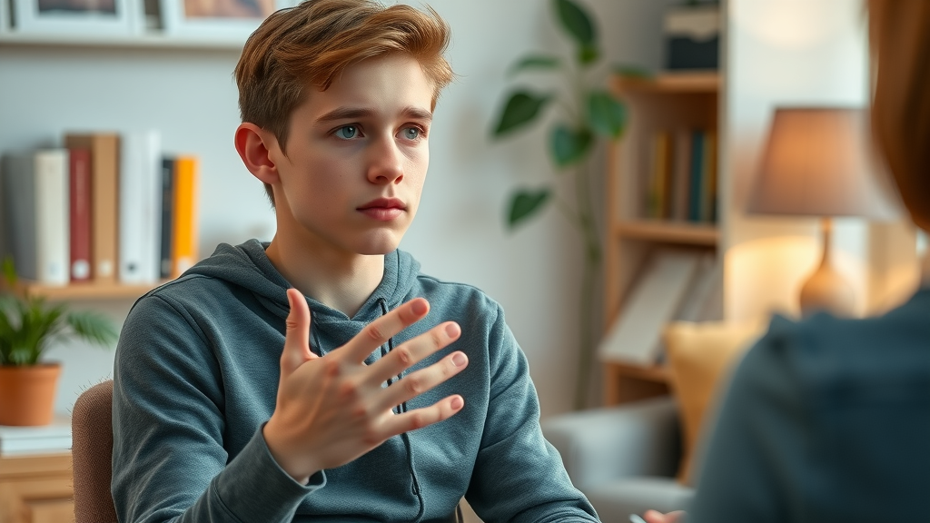 concerned male teen, therapist office, discussing mental health and substance use disorder, supportive environment