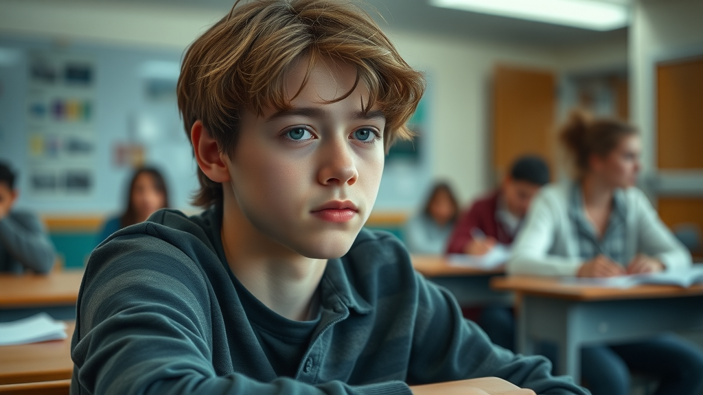 Focused teenager reflecting on risky behavior in classroom setting