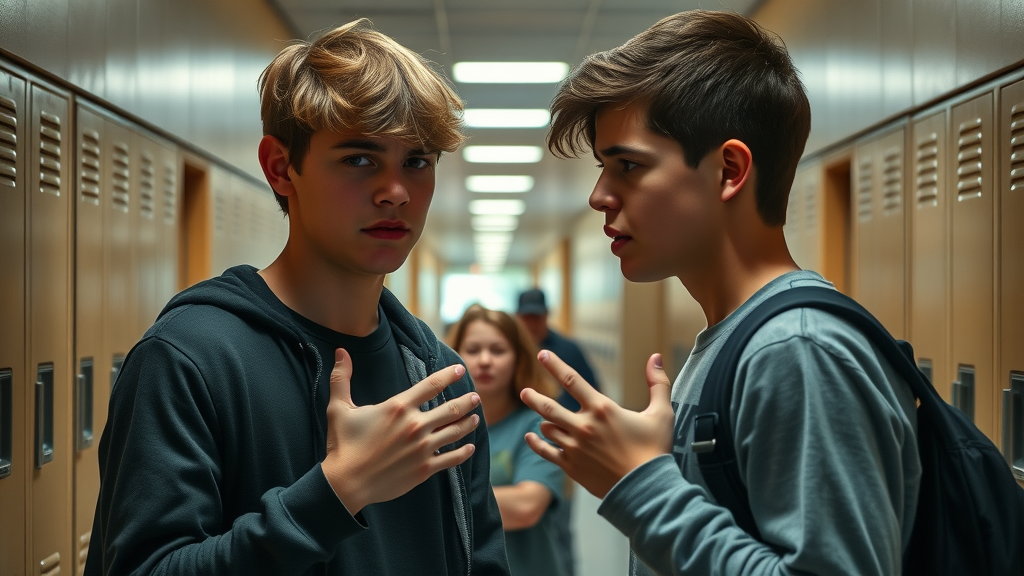 Students displaying physical aggression in a school hallway