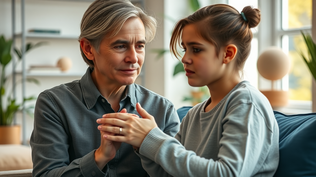 Counselor supporting teen with aggressive behavior in a calm therapy office