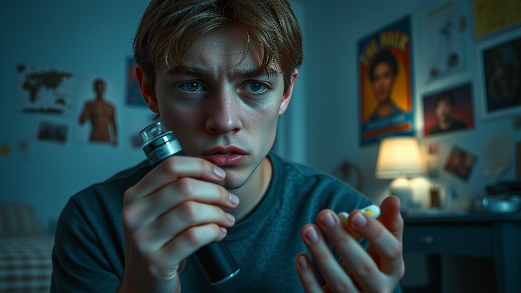 Teen considering substance abuse as risky behavior, holding vape pen and pills