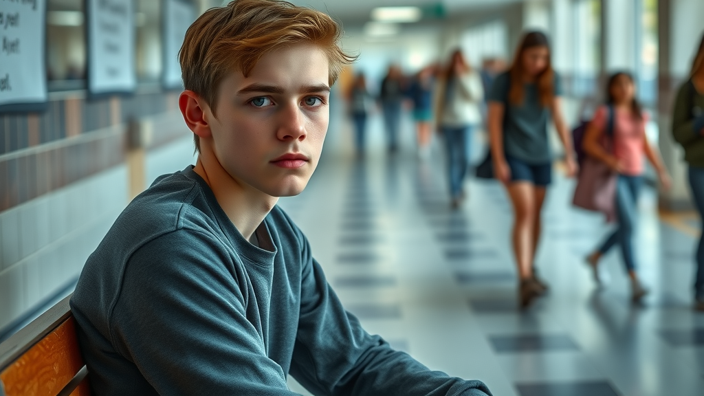 Concerned teenager dealing with emotional challenges sitting quietly on a school bench in a busy hallway, a candid and detailed depiction of teenage emotional distress and mental health awareness
