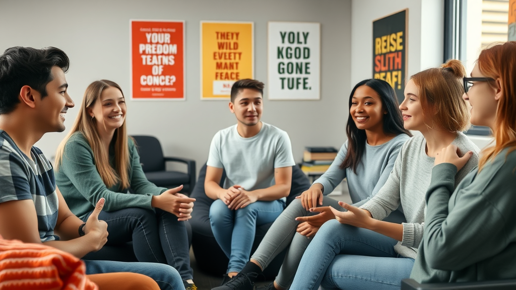 Diverse group of teenagers engaging in a supportive group discussion about emotional challenges and mental health, highlighting the importance of peer connection and regulation skills