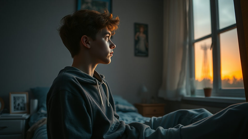 Teenager experiencing depression and loneliness, sitting in a bedroom, gazing out the window during sunset, symbolizing the solitude and emotional challenges faced by young people