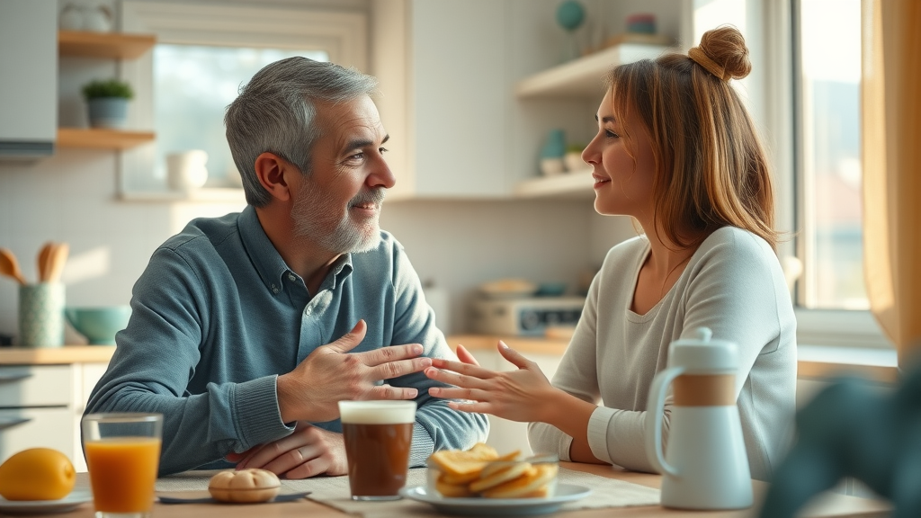 Supportive parent and teenager sharing a heartfelt conversation at the kitchen table, reinforcing the importance of having a caring adult for teenage emotional regulation skills and healthy development