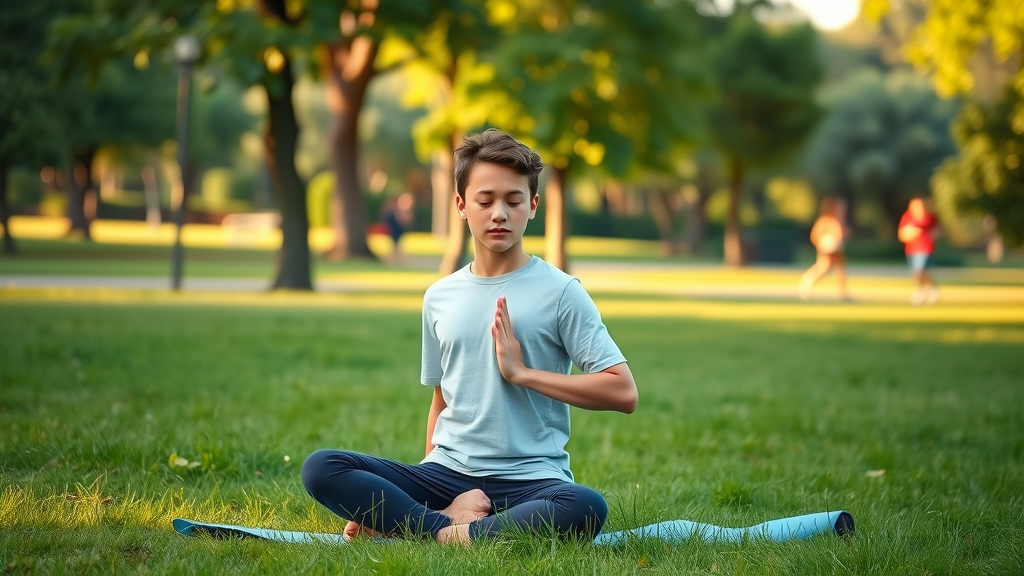 Teen practicing mindfulness through outdoor yoga, demonstrating healthy emotional regulation skills and resilience activities in a serene park environment