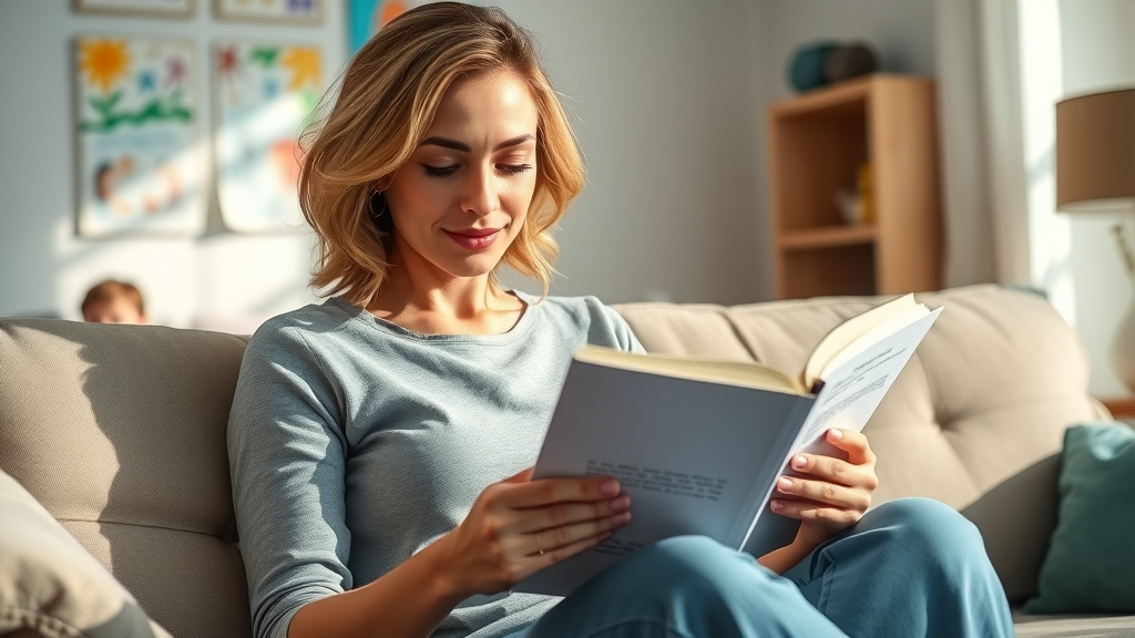 coping skills for parents: confident mother reading a parenting book while learning coping strategies