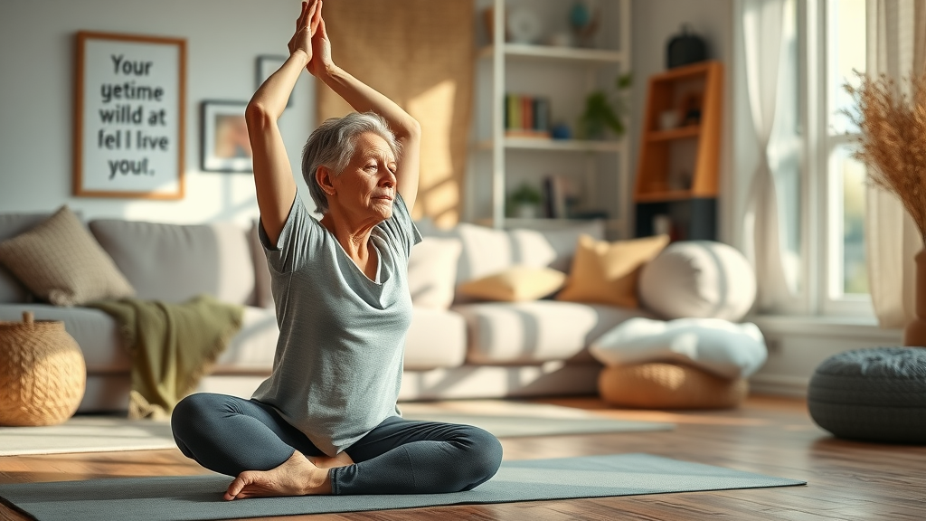healthy coping: serene parent practicing yoga and stretching in a cozy home as a daily habit for mental health