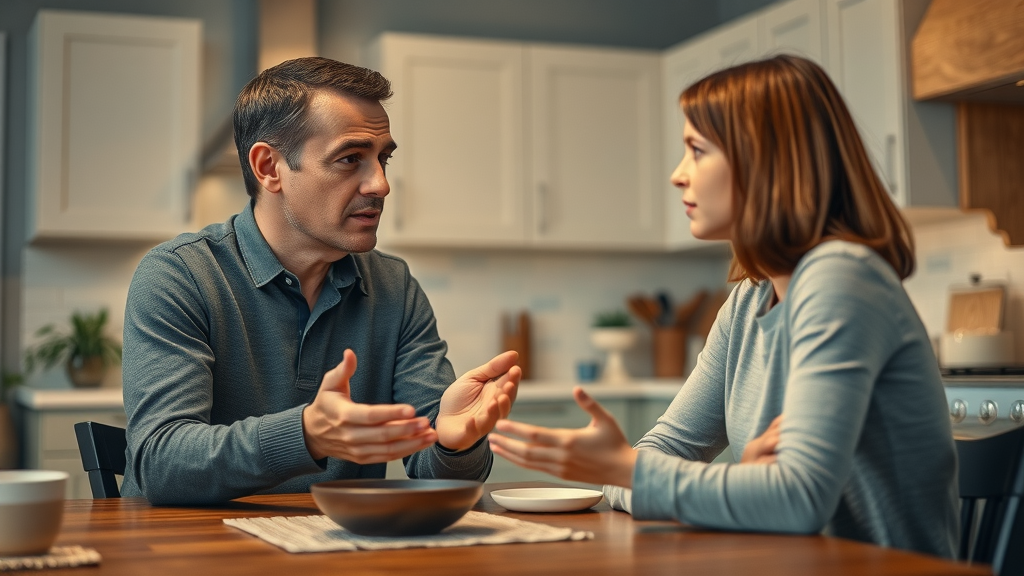 coping strategy: assertive parent calmly addressing teen while setting respectful boundaries in a supportive kitchen environment