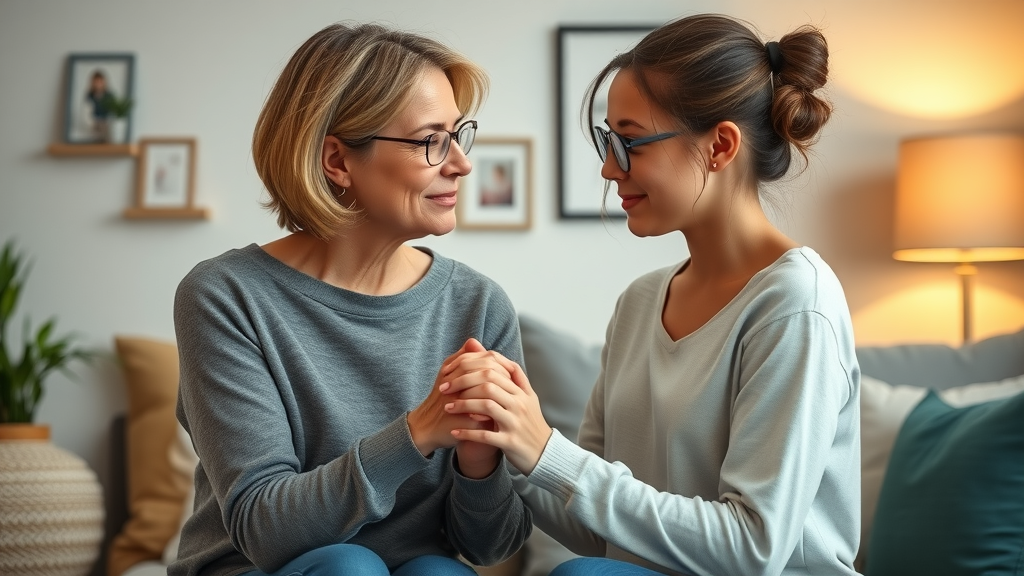 healthy coping skills for parents: empathetic mother and teenage daughter having a heartfelt talk, modeling coping strategies