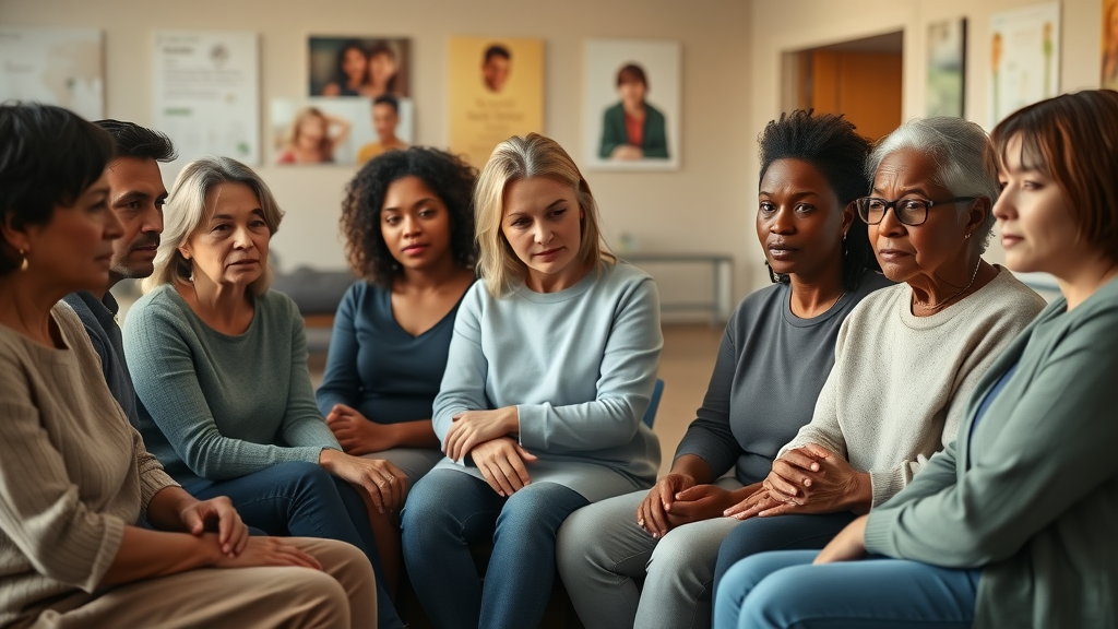 Diverse group of parents supporting each other in a somber but hopeful community center, discussing suicide prevention resources for parents of teens, with natural expressions and soft daylight.